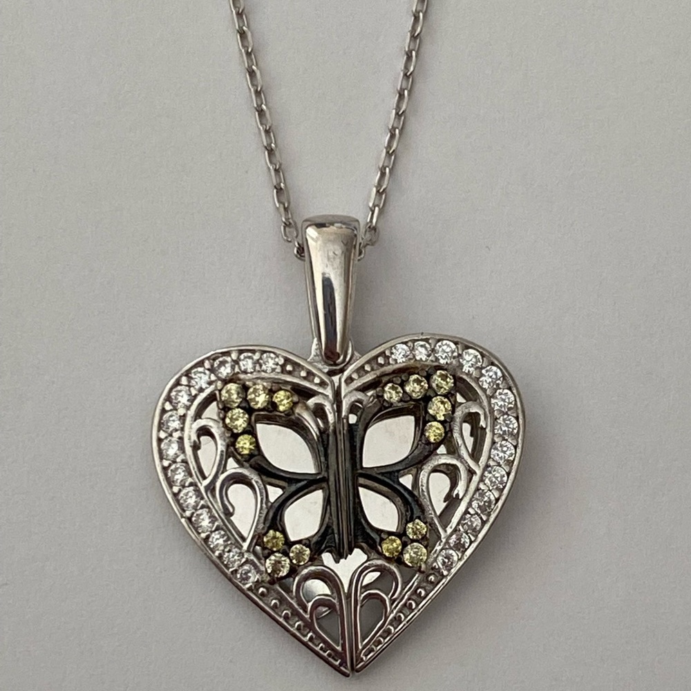 925 Silver butterfly heart initial double heart zirconia cz stones necklace